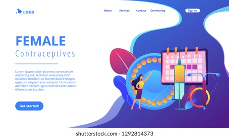 Woman poining at oral contraceptives, iud and bc injection. Female contraceptives, oral hormonal contraception, birth fertility control concept. Website vibrant violet landing web page template.