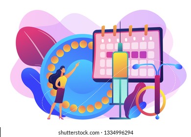 Woman poining at oral contraceptives, iud and bc injection. Female contraceptives, oral hormonal contraception, birth fertility control concept. Bright vibrant violet vector isolated illustration