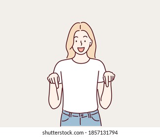  woman point down to blank space on grey background. Hand drawn style vector design illustrations.