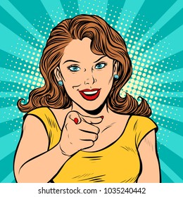 woman point finger at you gesture. Pop art retro comic book cartoon drawing vector illustration kitsch vintage