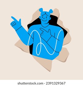 Woman point his finger coming out from torn paper. Colorful vector illustration
