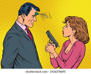 the woman pointed the gun suction Cup joke at the man. spies, agents and detectives. Pop art retro vector illustration vintage kitsch 50s 60s style