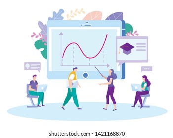 Mujer con Puntero en espectáculos de mano en monitor. Gente con laptops sentada en la silla. Aprendizaje a Distancia. Aprendizaje electrónico. Nuevas tecnologías. Ilustración vectorial. Corresponde con el profesor en línea. Gráfico en Tablet PC