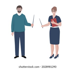 Mujer con puntero y hombre con puntero. Personajes de profesores de escuela. Aislado en ilustración vectorial de fondo blanco.