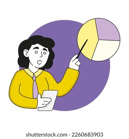 Woman with pointer and pie chart. Data analysis, statistics, statistical information, strategy, analytic, budget accounting, study. Vector illustration in yellow and purple colors on white background