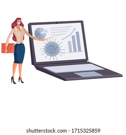 Frau mit Zeiger liest einen Virusbericht, auf einem Laptop eine Virusverteilungstabelle, Vektorillustration-Illustration, einzeln auf weißem Hintergrund,