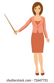 Woman with a pointer / Young smiling  woman  with a pointer in a hand. Isolated on the white.  The different graphics are all on separate layers so they can easily be moved or edited individually.