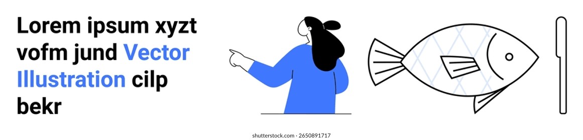 Woman pointing beside geometric fish and placeholder text stylized in blue and black. Ideal for design templates, digital education, content creation, marketing, e-learning, web development