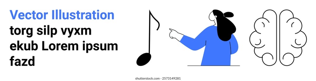 Woman pointing at a black music note with brain sketch in background Ideal for themes such as creativity neuroscience music education mental health and mind. Banner for landing page