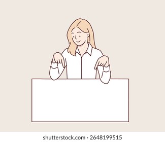 Mulher apontando para espaço em branco abaixo. Ilustrações de design de vetor de estilo desenhado à mão.
