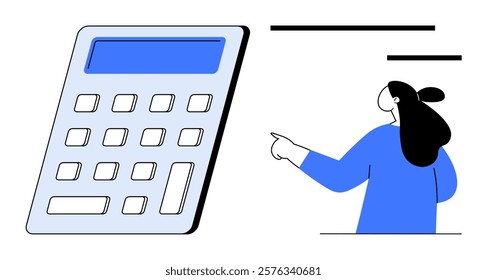 Woman pointing at a blue calculator with a display Ideal for financial tasks, educational resources, budgeting advice, accounting services, and teaching math. Simple and clean style