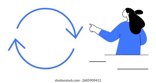 Woman pointing at a blue circular arrow symbol representing a renewal cycle. Ideal for concepts of continuous improvement, updating processes, sustainability, recycling, and iterative methods