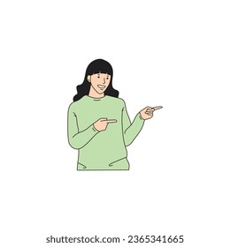 a woman is pointing with both hands to the side
