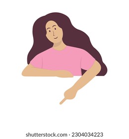 Woman pointing to the bottom empty space vector design illustration