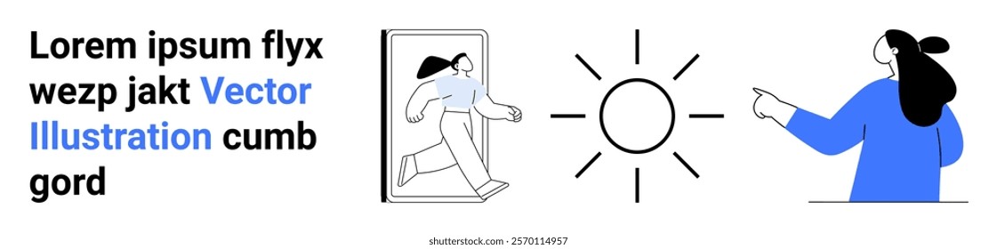 Woman pointing at a bright sun symbol in the middle, accompanied by a figure emerging from a smartphone screen. Ideal for technology, digital interaction, modern lifestyle, communication