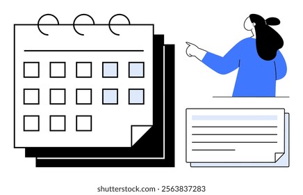 Woman pointing at a calendar with cards and notes. Ideal for time management, scheduling, organization, planning, and productivity. Simple clean style