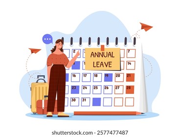 Woman pointing at calendar marked with Annual Leave, surrounded by luggage and paper planes on a white background. Concept of vacation planning. Flat cartoon vector illustration