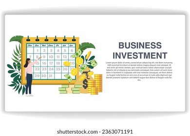 A woman is pointing to the calendar. website page Business Investment. Modern flat design concept of web page design for website and mobile website