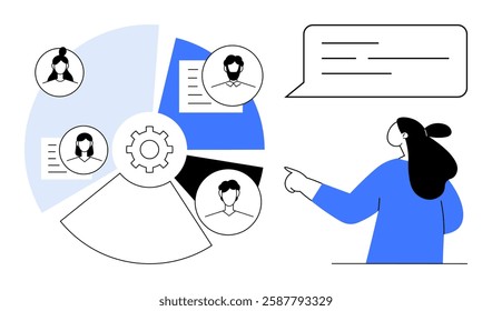 Woman pointing at a chart with four sections, each featuring a team member profile. Speech bubble above her head. Ideal for business presentations, team management, project planning, communication