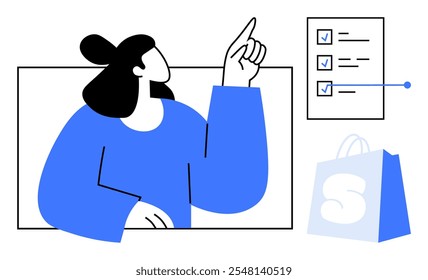 Woman pointing at a checklist with completed tasks, and a shopping bag beside her. Ideal for task management, shopping plans, productivity, organization, and daily routines. Minimalist, modern vector