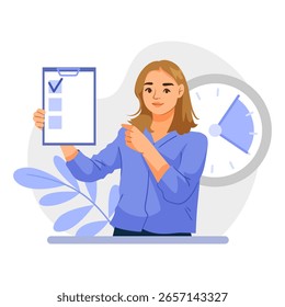 Woman pointing at checklist with one task marked, standing before large clock, flat style, on white background, concept of deadline. Vector illustration