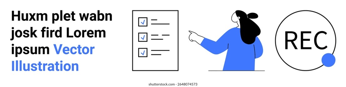 Mulher apontando para uma lista de verificação, texto de espaço reservado ao lado e símbolo de botão de gravação. Ideal para gerenciamento de projetos, listas de tarefas, lembretes, ferramentas de produtividade, materiais educacionais, equipe