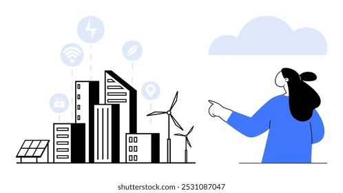 Mulher apontando para uma paisagem urbana com turbinas eólicas, painéis solares e ícones de cidades inteligentes em cores azuis suaves. Ideal para energia renovável, cidades inteligentes, tecnologia, vida sustentável, ambiental