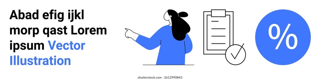 Woman pointing at a clipboard with a checklist, accompanied by a percentage sign and placeholder text. Ideal for business analytics, project planning, financial services, marketing strategies