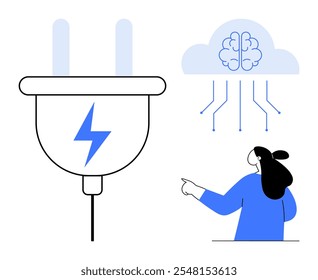 Mujer apuntando al cerebro de la nube y Grande enchufe con un rayo. Ideal para tecnología, inteligencia artificial, dispositivos inteligentes, innovación y energía eléctrica. Estilo limpio y moderno