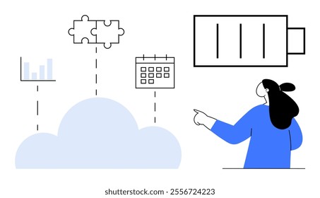 Woman pointing at cloud connected to bar chart, calendar, puzzle, and battery. Ideal for data storage, cloud computing, business analytics, task management, and power management. Simple clean style