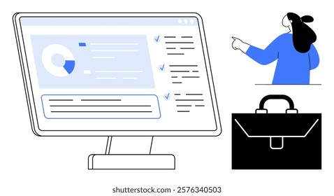 Woman pointing at computer screen displaying data and charts with briefcase. Ideal for business reports, presentations, data analysis, workplace settings, digital marketing. Simple flat style