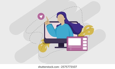 a woman is pointing at a computer screen with a mouse