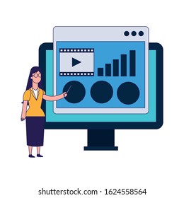 woman pointing a computer with web page window over white background, vector illustration