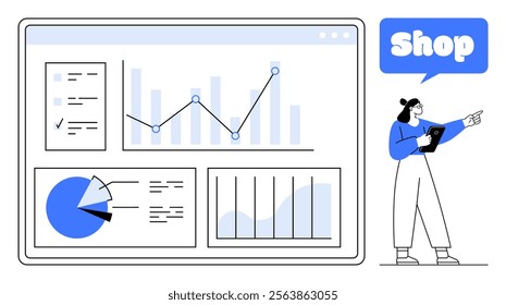 Woman pointing at data dashboard with charts, graphs and pie chart on screen. Ideal for business analytics, data visualization, e-commerce, financial planning, digital marketing. Modern flat design