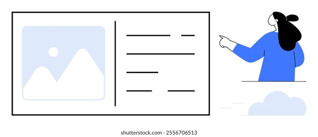 Woman pointing at a data screen with a mountain image placeholder and text lines. Ideal for presentations, business, data visualization, education, and infographics. Flat vector style