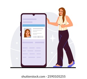 Woman pointing at digital ID on smartphone screen. Flat graphic style on light background. Concept of digital identity. Vector illustration