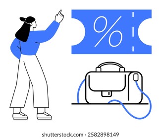 Woman pointing at discount coupon symbol next to a briefcase, indicating business savings. Ideal for business promotions, sales, financial planning, office supplies, advertisements, loyalty programs