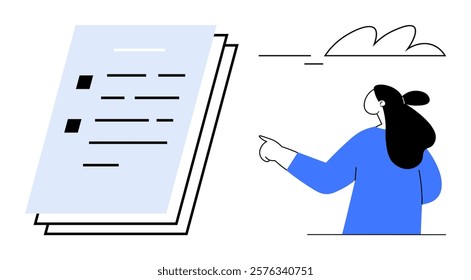 Woman pointing to a document with lines and checkboxes in a minimalistic style. Ideal for presentations, instructions, documentation, guidance, and educational purposes. Simple abstract style