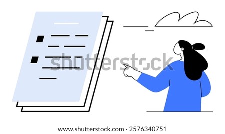 Woman pointing to a document with lines and checkboxes in a minimalistic style. Ideal for presentations, instructions, documentation, guidance, and educational purposes. Simple abstract style