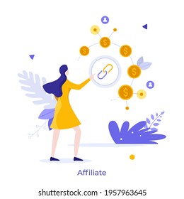 Woman pointing at dollar coin diagram. Concept of affiliate marketing, hierarchical financial system or structure, money profit chain, company affiliation. Modern flat colorful vector illustration.