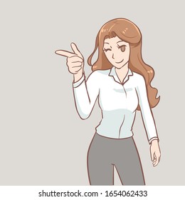 woman pointing to empty space welcome or announcing concept kawaii vector style line drawing