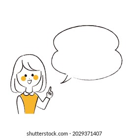 A woman pointing and explaining with a speech bubble.