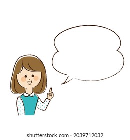 Una mujer señalando y explicando con una burbuja de habla.