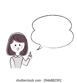 A woman pointing and explaining with a speech bubble.
