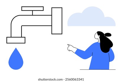 Woman pointing at a faucet with a water droplet and a cloud. Ideal for water conservation, environmental awareness, education, sustainability, and climate change. Clean minimal style