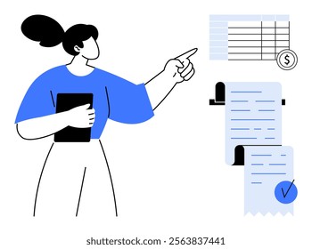 A woman is pointing at financial data displayed on a chart while holding a tablet. Ideal for business management, financial analysis, accounting, budgeting, and finance apps. Clean modern style
