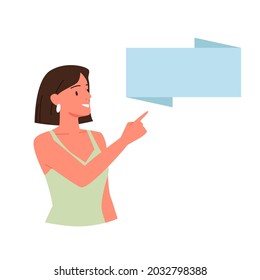 Woman pointing finger at banner poster, girl in dress showing board blank advertisement