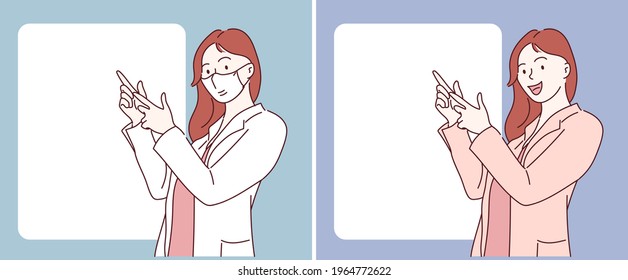 Woman pointing finger at copy space, She wearing a face mask. Hand drawn in thin line style, vector illustrations. (A Mask can be removable)