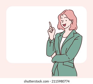 ฺีBusiness woman pointing finger at copy space. Hand drawn in thin line style, vector illustrations.