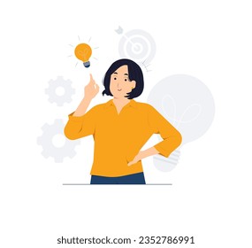 Woman Pointing Finger Up, Having Idea and looking inspired by genius thought, mind map, problem solving, brainstorming and find solution concept illustration